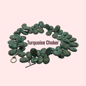 Statement Choker Necklace Almond Shape Turquoise Brown Stones 16”